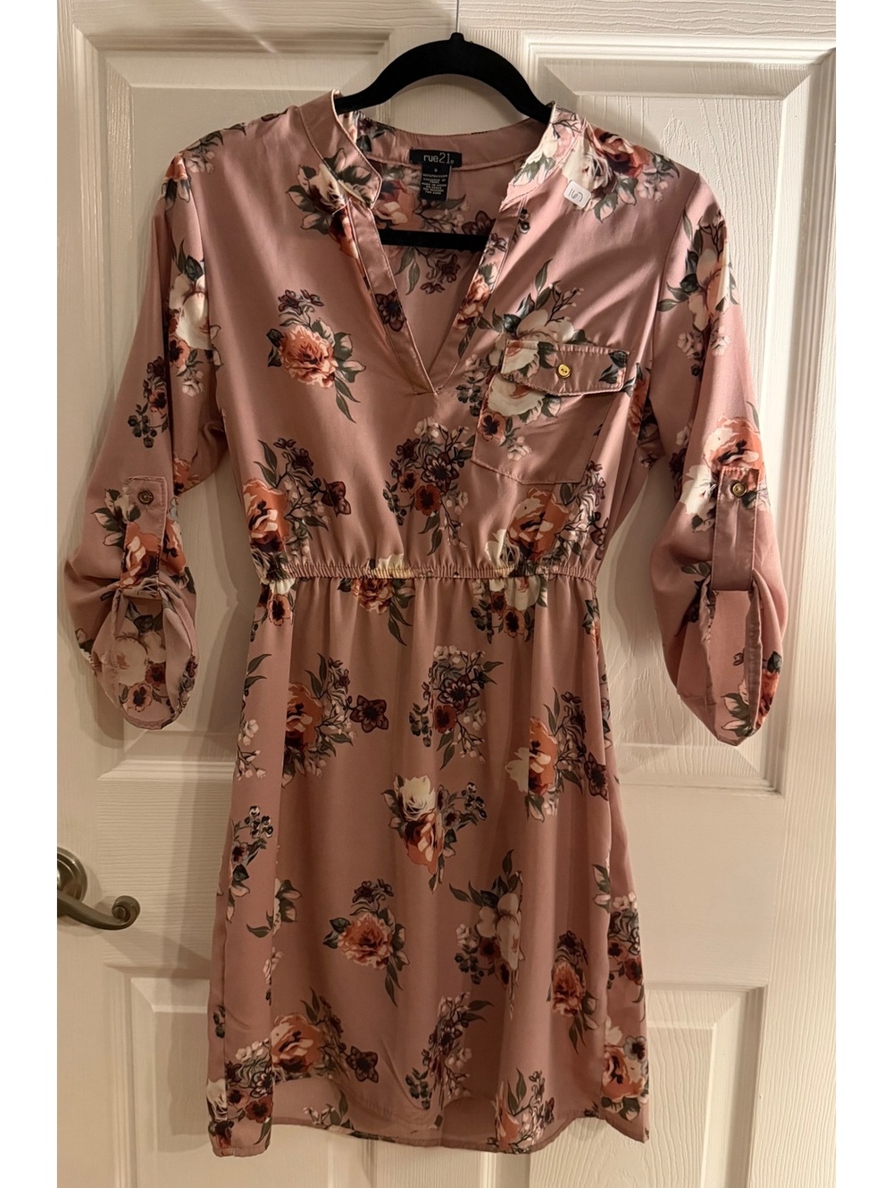 Rue 21 Women's Pink Floral Print Long Sleeve Dress with Elastic Waist and Button